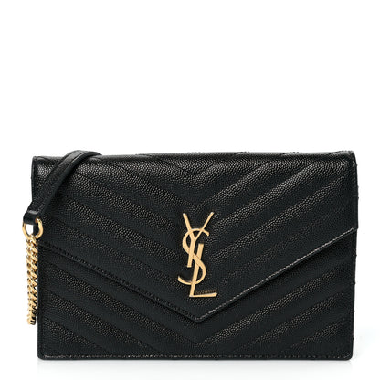 Saint Laurent Grain De Poudre Matelasse Chevron Monogram Envelope Chain Wallet Black 1 of 8