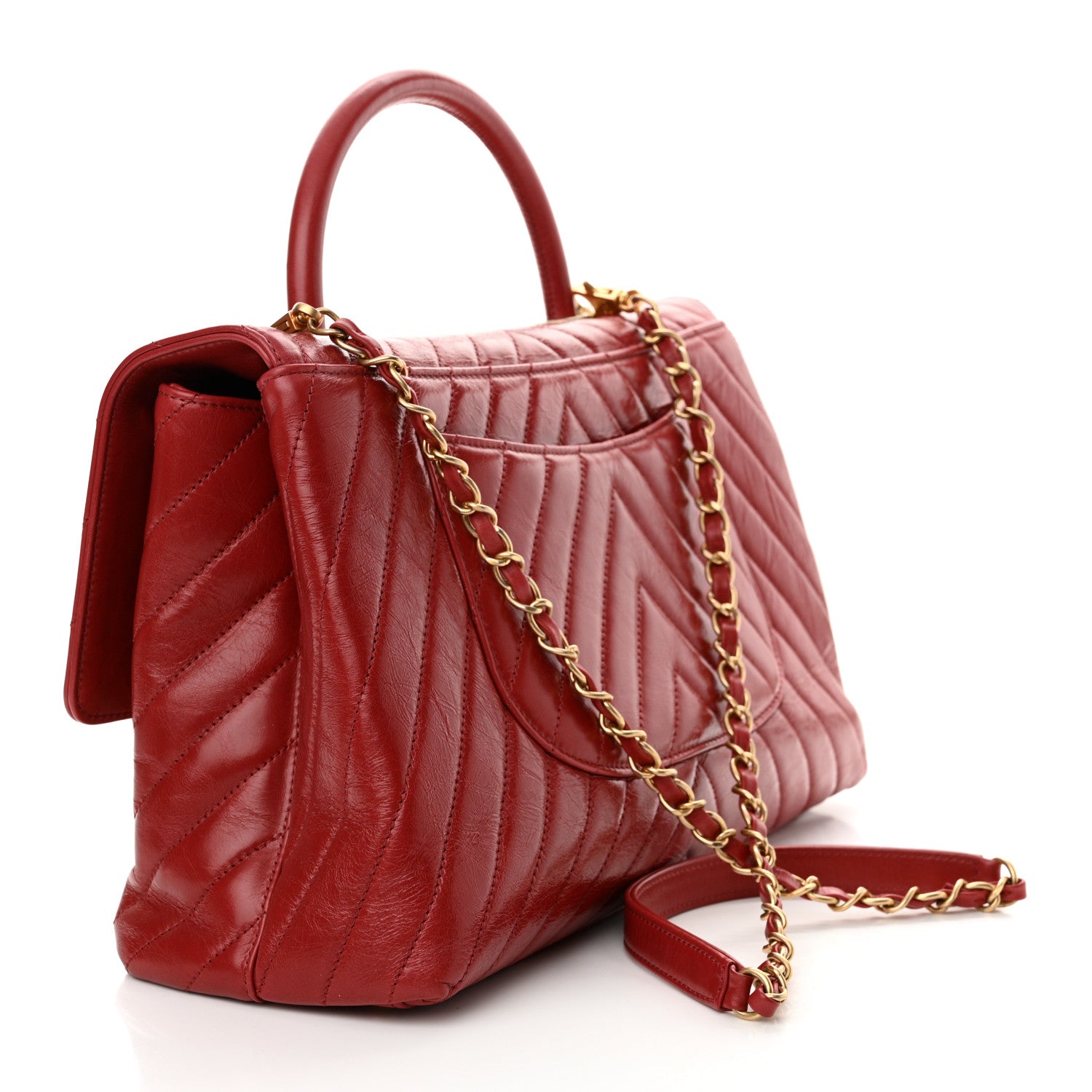 Chanel Aged Calfskin Chevron Quilted Large Coco Handle Flap Red 3 of 16