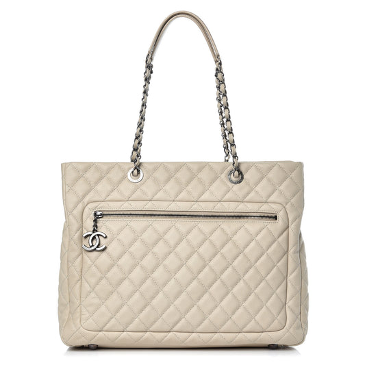 Caviar Quilted Shopping Tote Light Beige