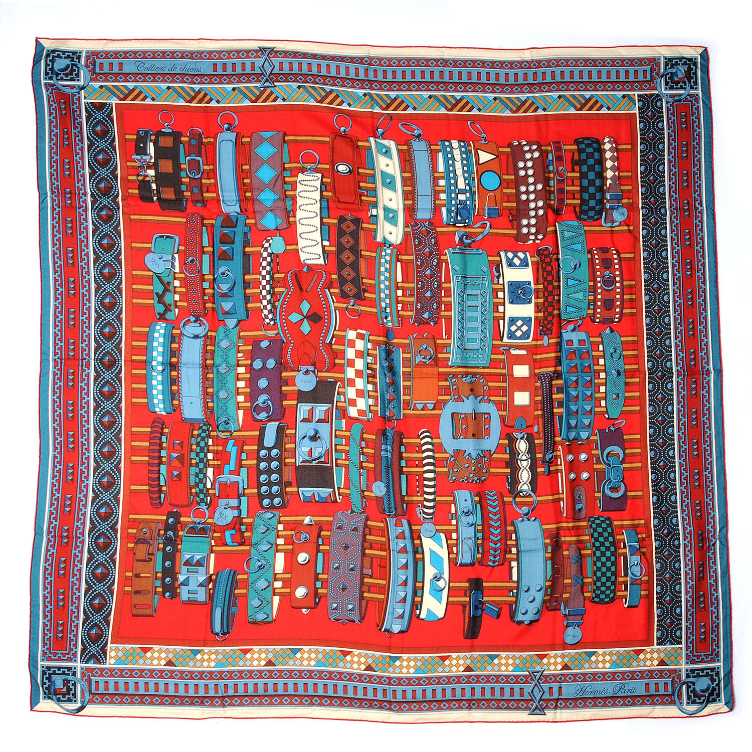 Hermes Cashmere Silk Colliers de Chiens Shawl 140 Rouge Petrole Canard 2 of 5