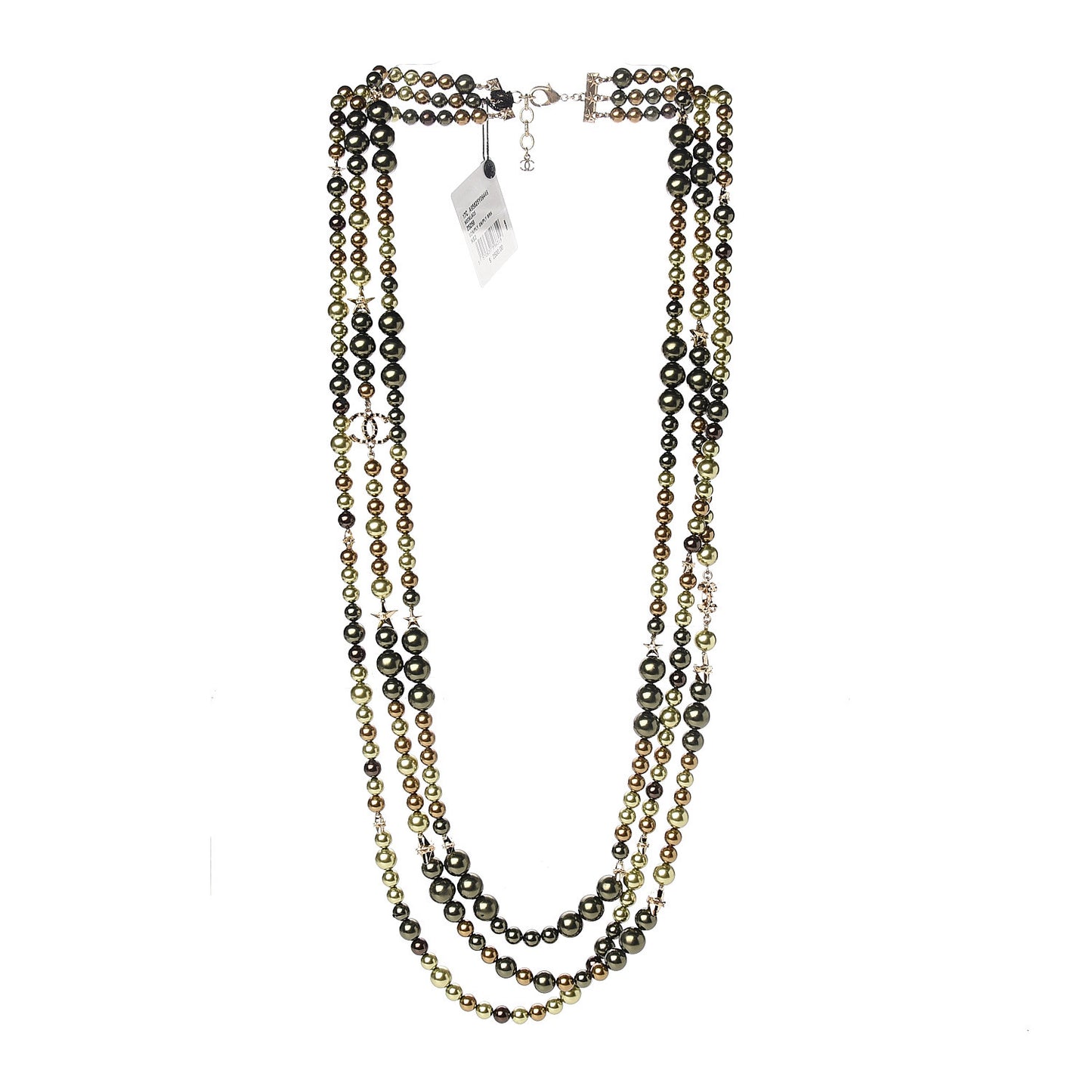 Resin Pearl Multi Strand Crystal Star CC Necklace Gold Green Brown