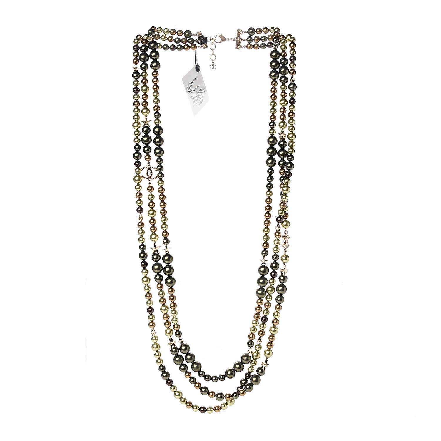Chanel Resin Pearl Multi Strand Crystal Star CC Necklace Gold Green Brown 2 of 4