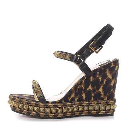 Christian Louboutin Nappa Silk Leopard Pira Ryad 110 Wedge Sandals 40 Black Marron 1 of 8