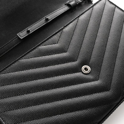 Saint Laurent Grain De Poudre Matelasse Chevron Monogram Monochrome Chain Wallet Black 12 of 14