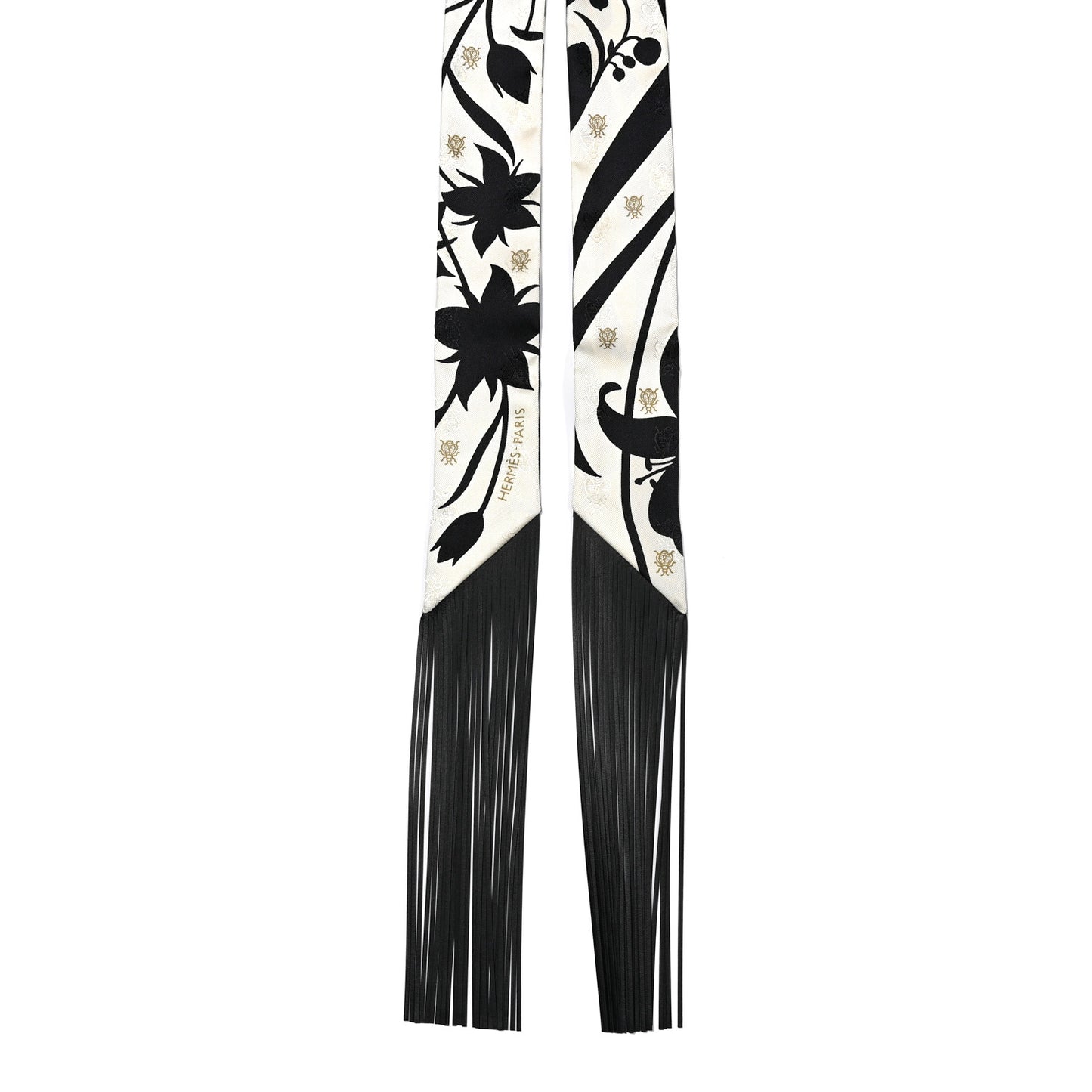 Silk Calfskin Bouquet Final Fringed Twilly Creme Black