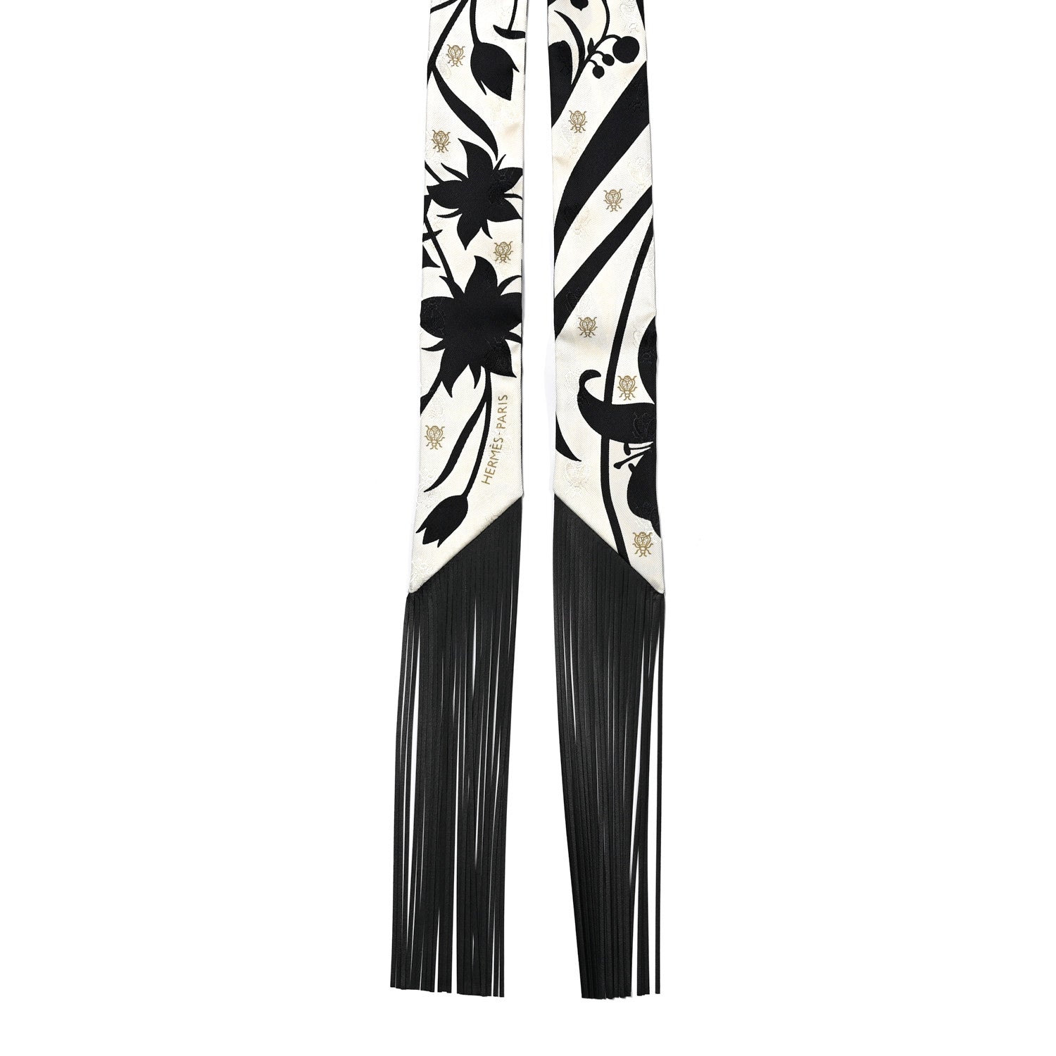 Hermes Silk Calfskin Bouquet Final Fringed Twilly Creme Black 2 of 4