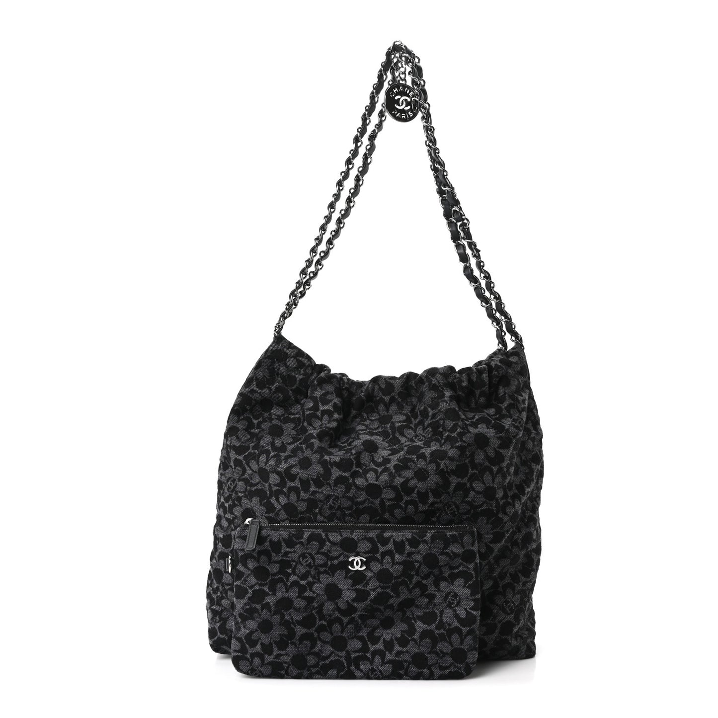 Denim Quilted Floral Print Small Chanel 22 Black