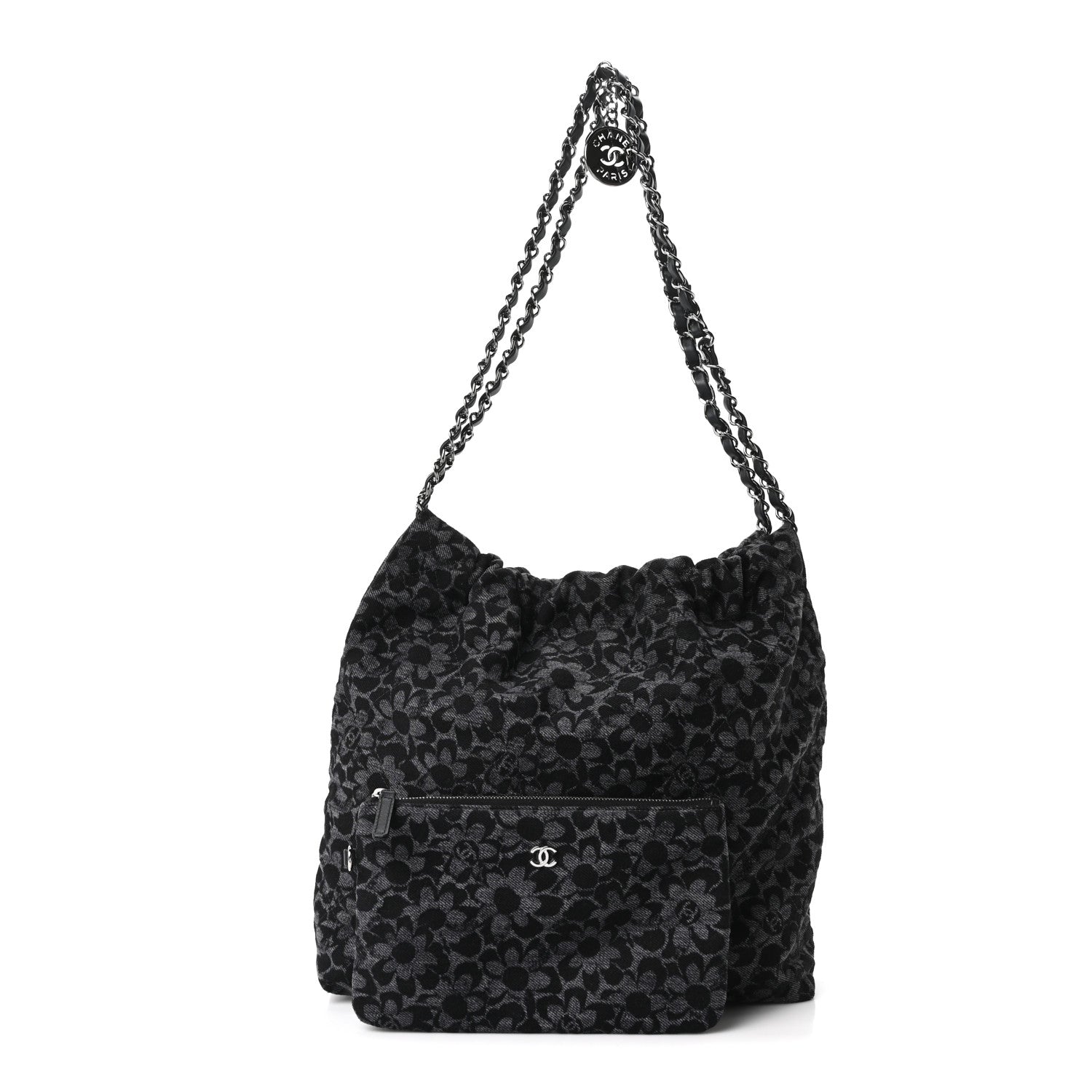 Chanel Denim Quilted Floral Print Small Chanel 22 Black 3 of 12