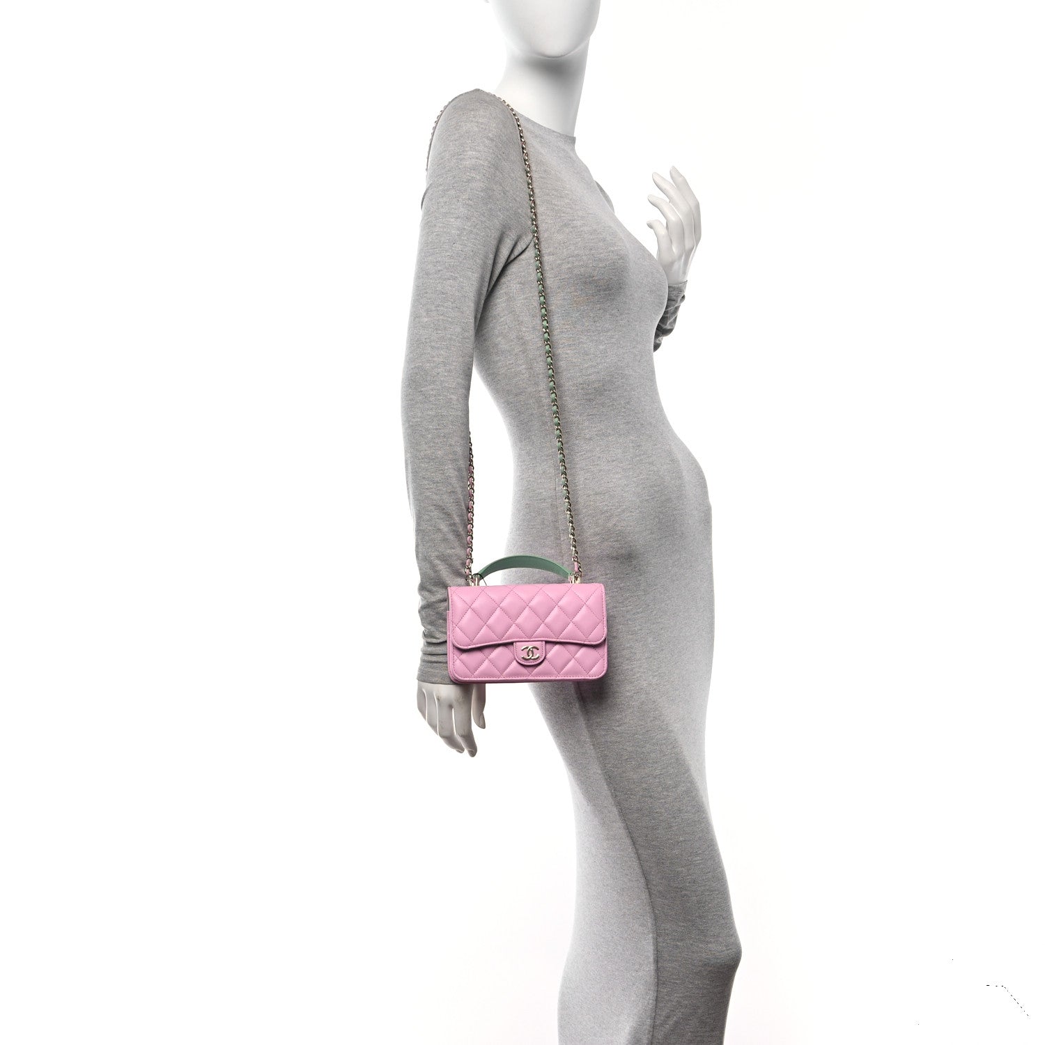 Chanel Lambskin Quilted Flap Phone Holder With Chain Pink Green 2 of 12