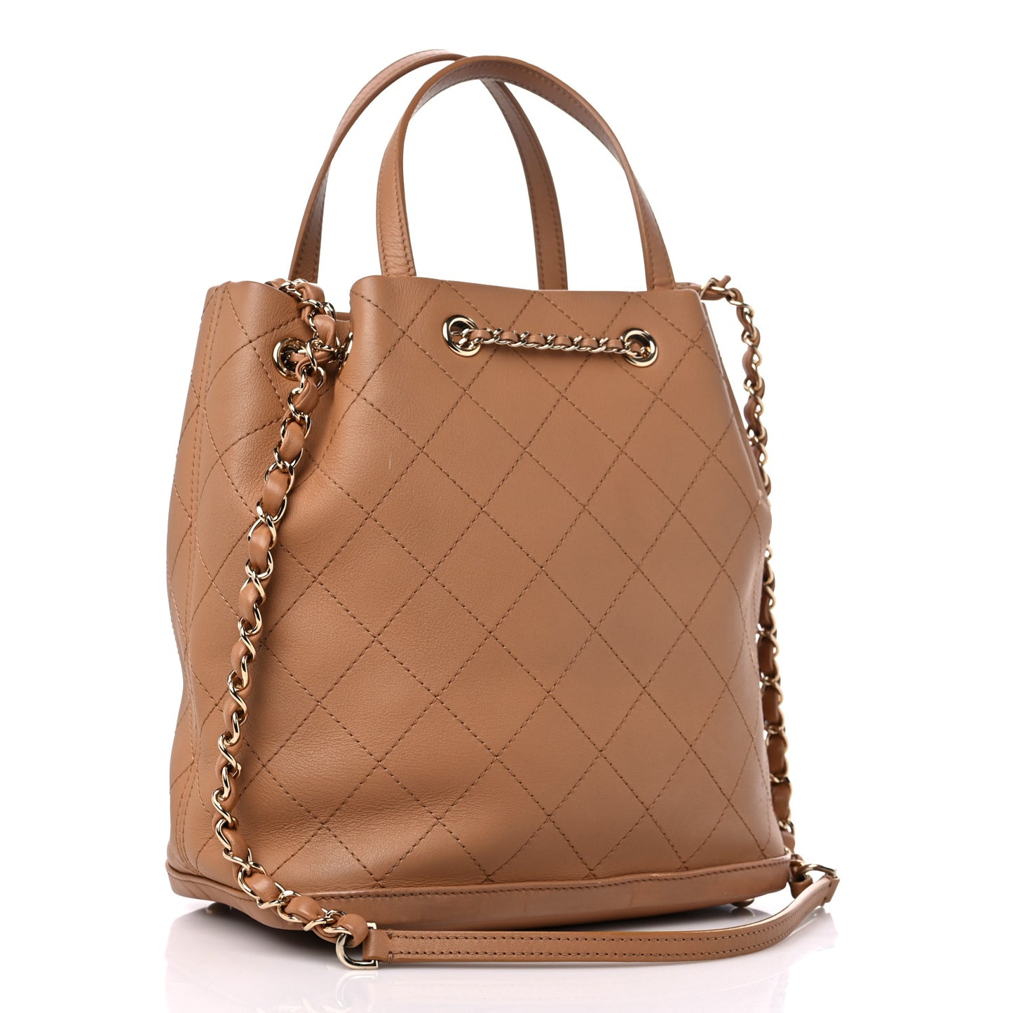 Calfskin Stitched Chain Top Handle Bucket Bag Light Brown