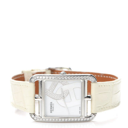 Hermes Stainless Steel Alligator Diamond Bezel Mother of Pearl 29mm Cape Cod Chaine d'Ancre Joaillier Quartz Watch Blanc 2 of 5
