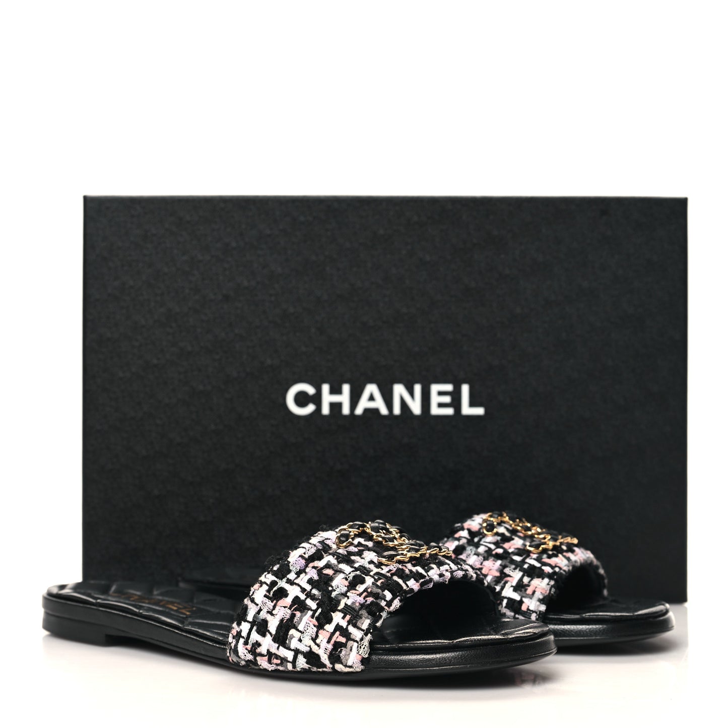 Tweed CC Chain Mule Sandals 37.5 Black Multicolor