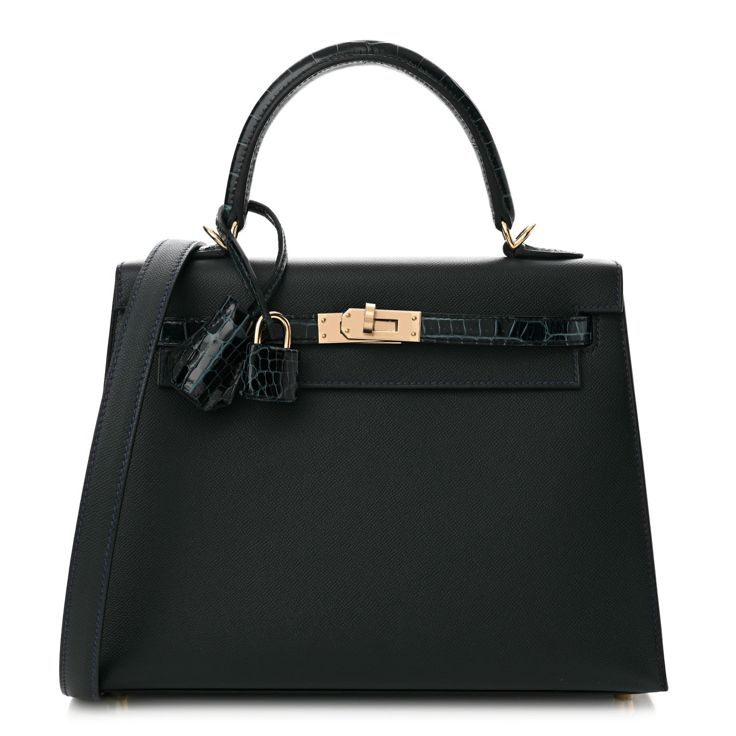 Hermes Madame Calfskin Shiny Niloticus Crocodile Kelly Sellier Touch 25 Vert Rousseau 1 of 11