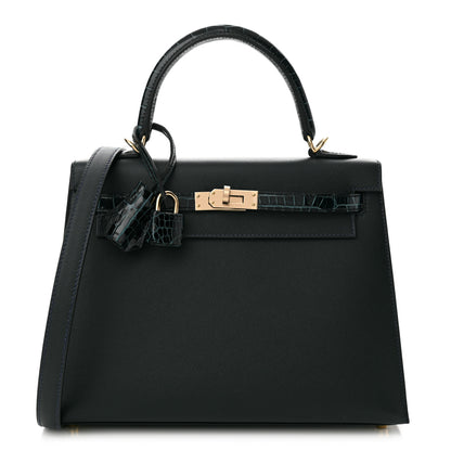 Hermes Madame Calfskin Shiny Niloticus Crocodile Kelly Sellier Touch 25 Vert Rousseau 1 of 11