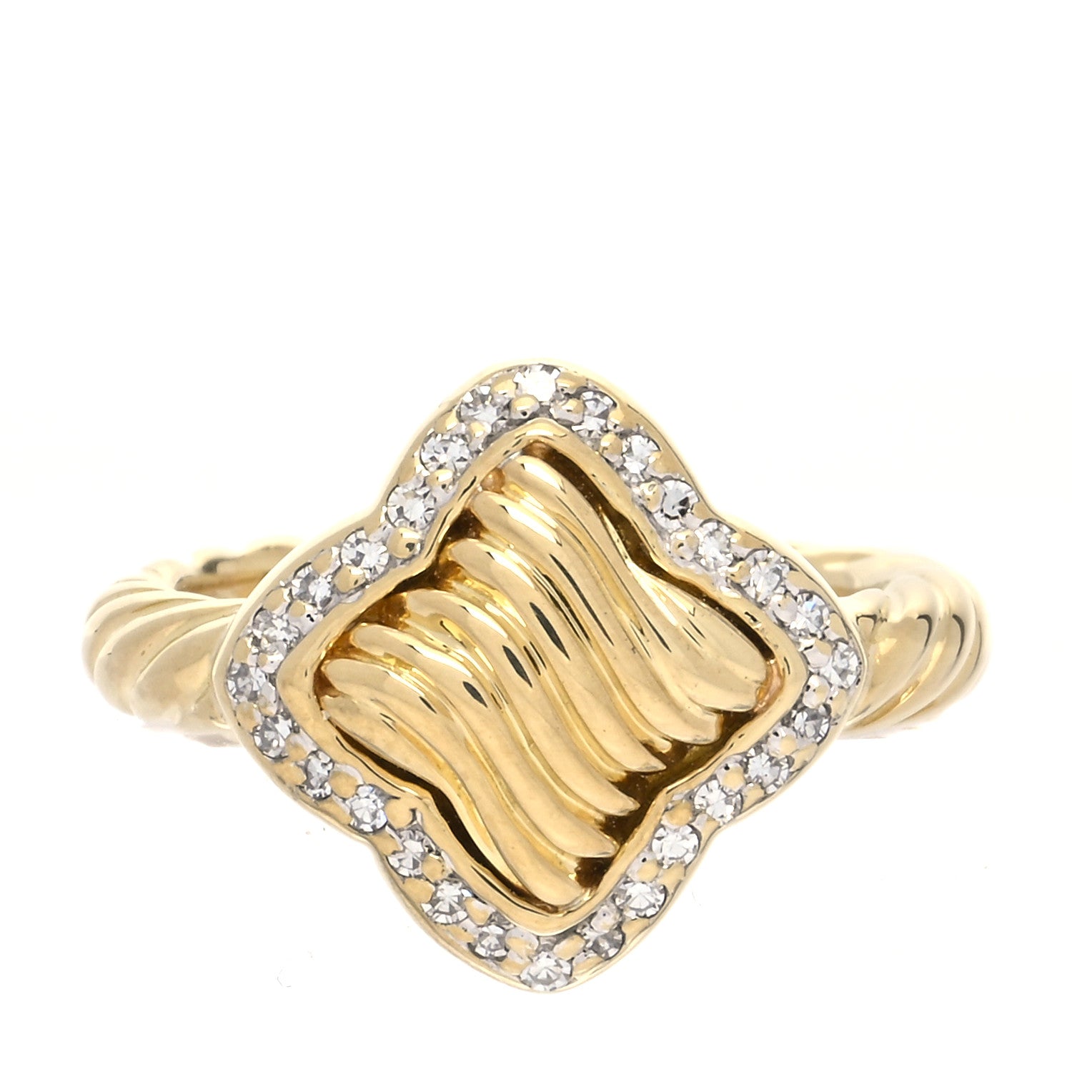 David Yurman 18K Yellow Gold Diamond 14mm Quatrefoil Cable Ring 47 4.25 1 of 4