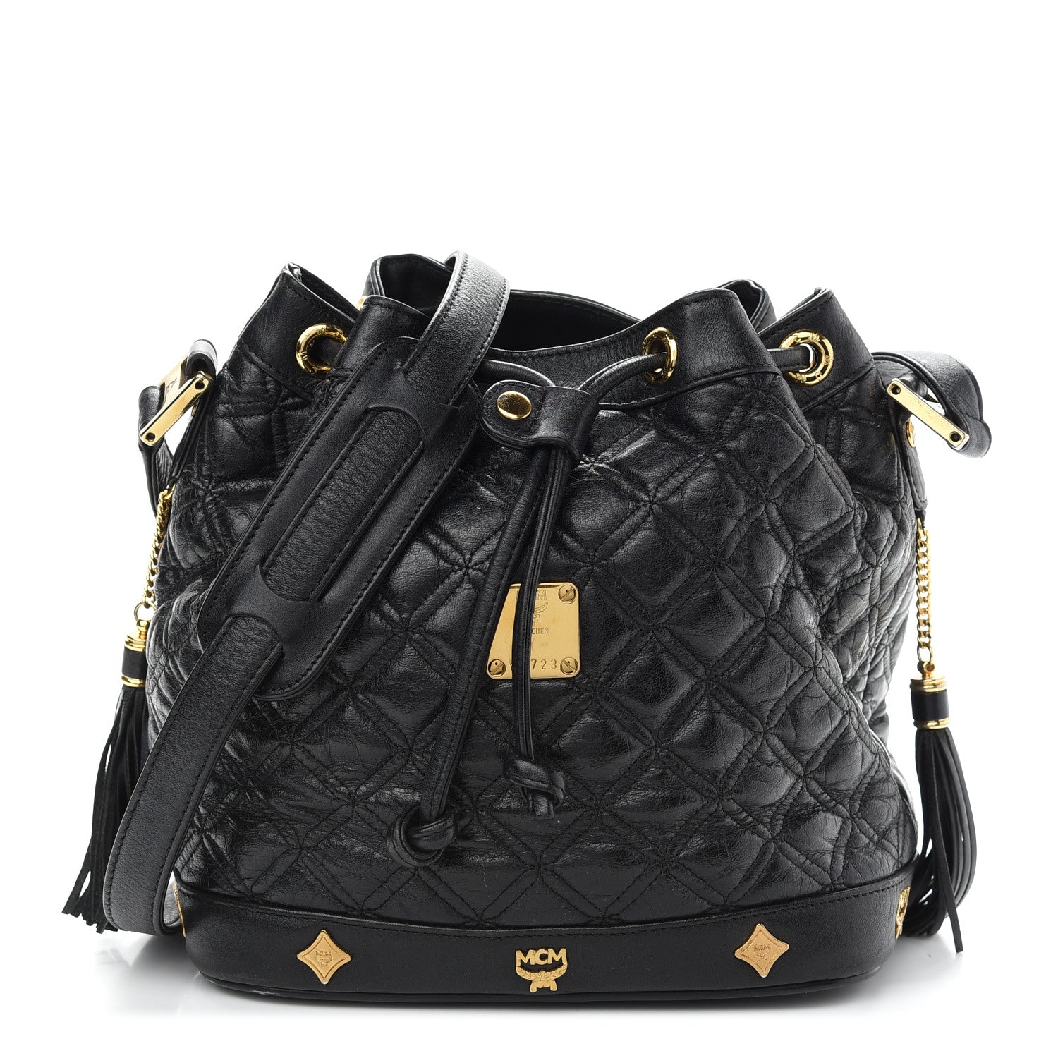 MCM Calfskin Quilted Studded Bucket Bag Black 1 of 9