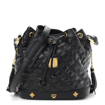 MCM Calfskin Quilted Studded Bucket Bag Black 1 of 9