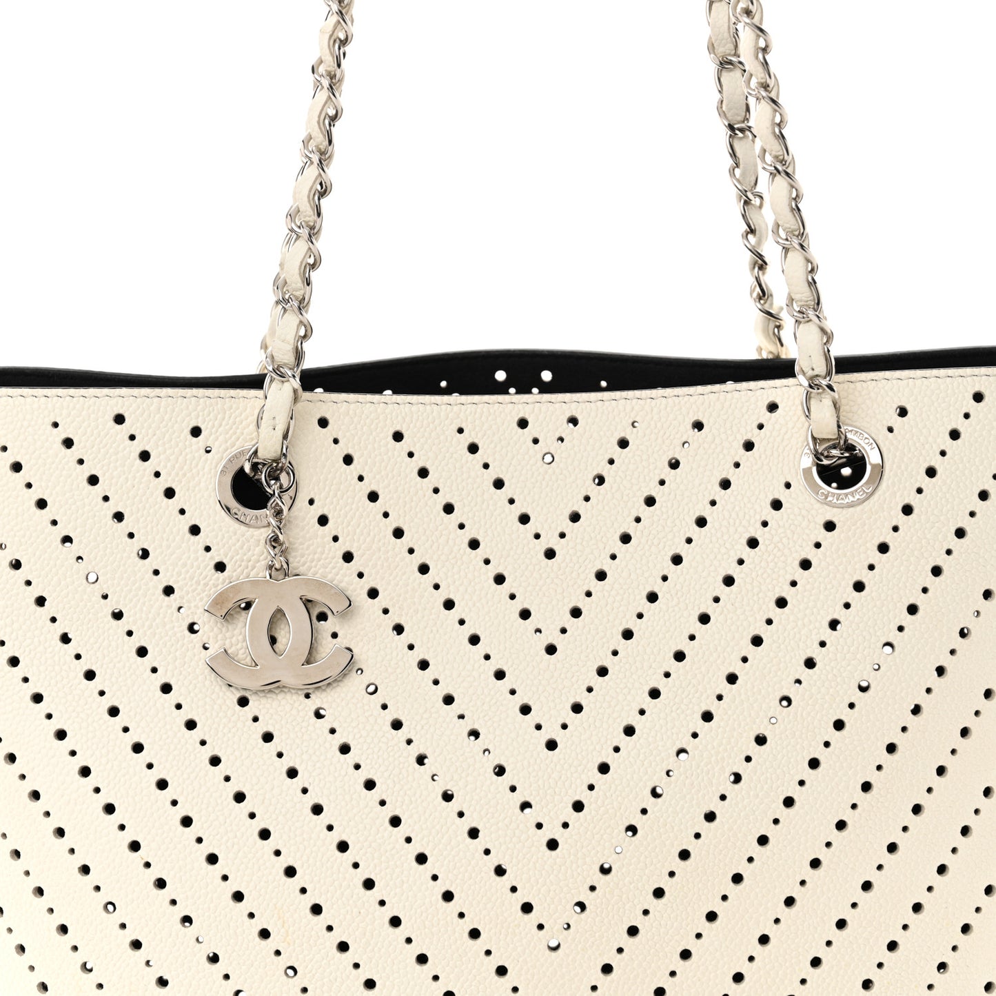Perforated Grained Calfskin Large Shopping Tote White