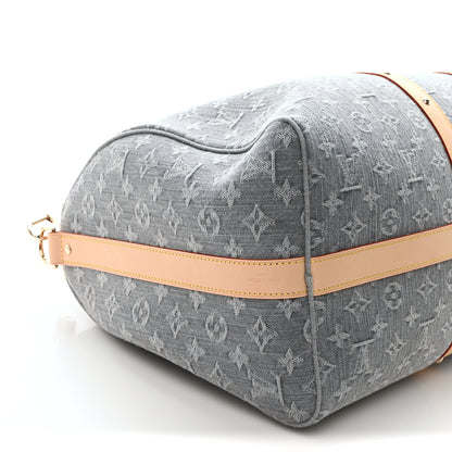 Louis Vuitton Denim Monogram Flowers Keepall Bandouliere 50 Blue Grey 7 of 8