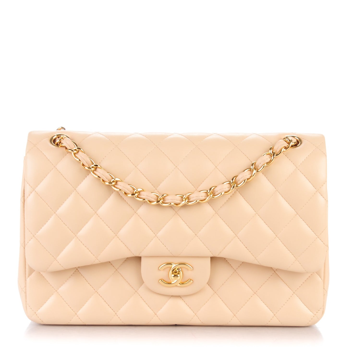 Lambskin Quilted Jumbo Double Flap Beige