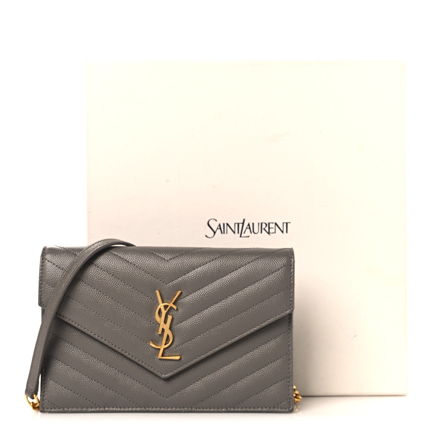 Saint Laurent Grain De Poudre Matelasse Chevron Monogram Envelope Chain Wallet Fog 11 of 11