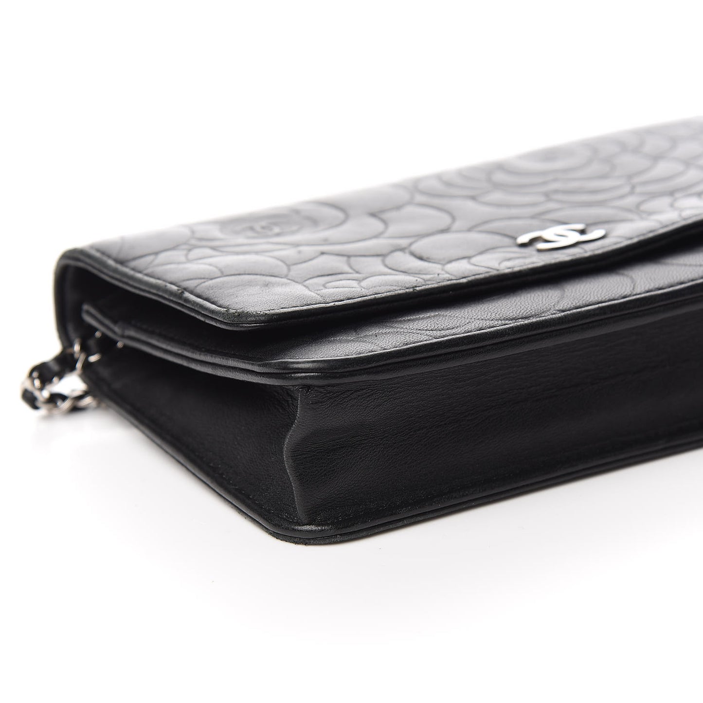 Lambskin Camellia Embossed Wallet on Chain WOC Black