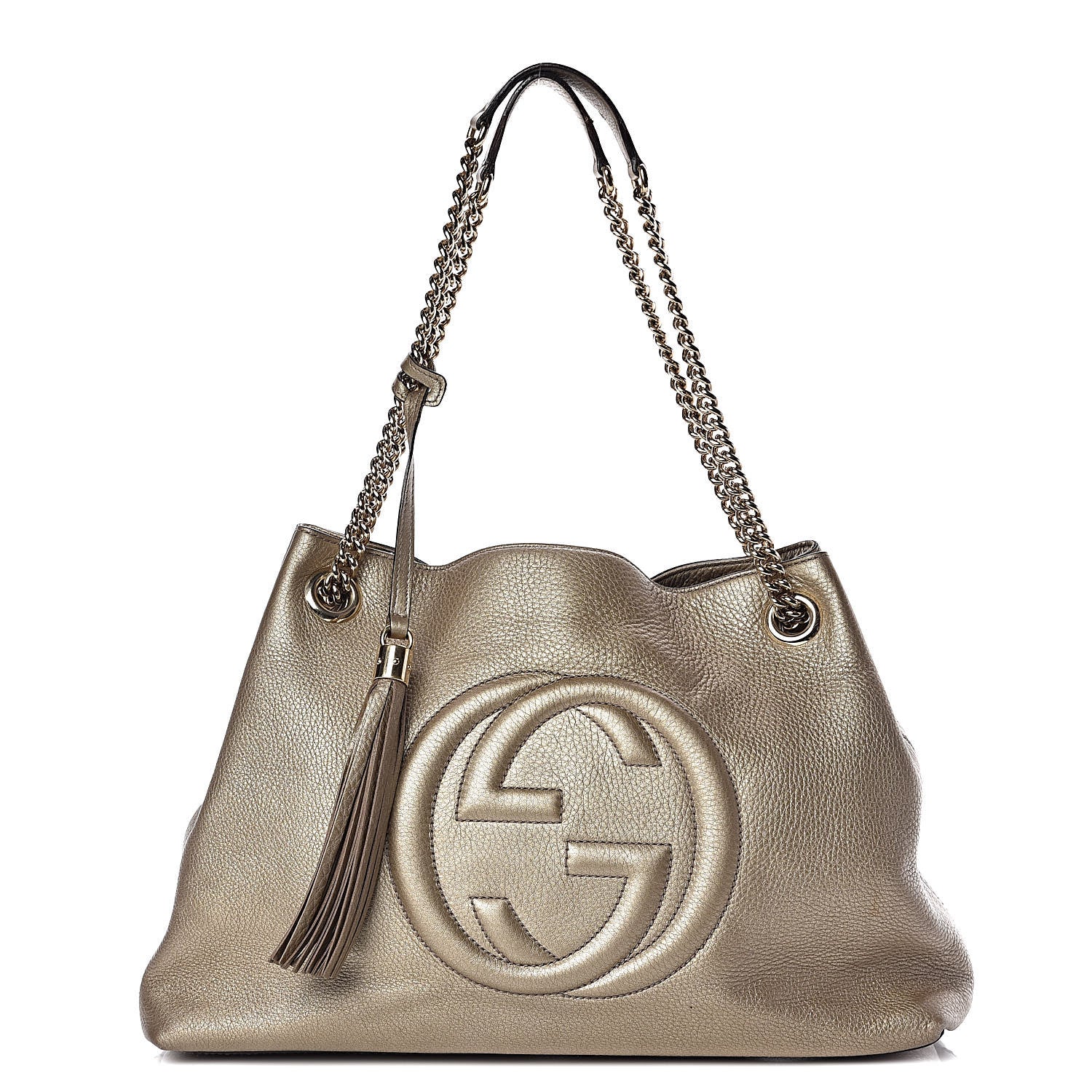 Gucci Metallic Pebbled Calfskin Medium Soho Chain Shoulder Bag Golden Beige 1 of 12