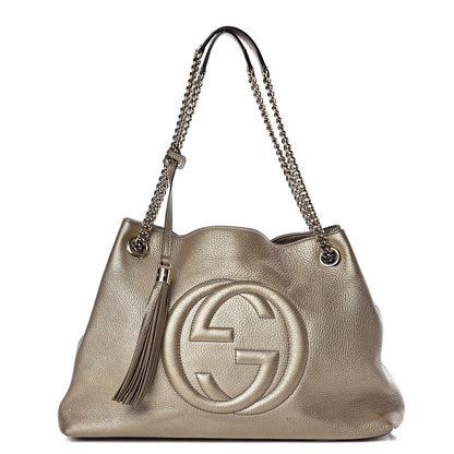 Gucci Metallic Pebbled Calfskin Medium Soho Chain Shoulder Bag Golden Beige 1 of 12