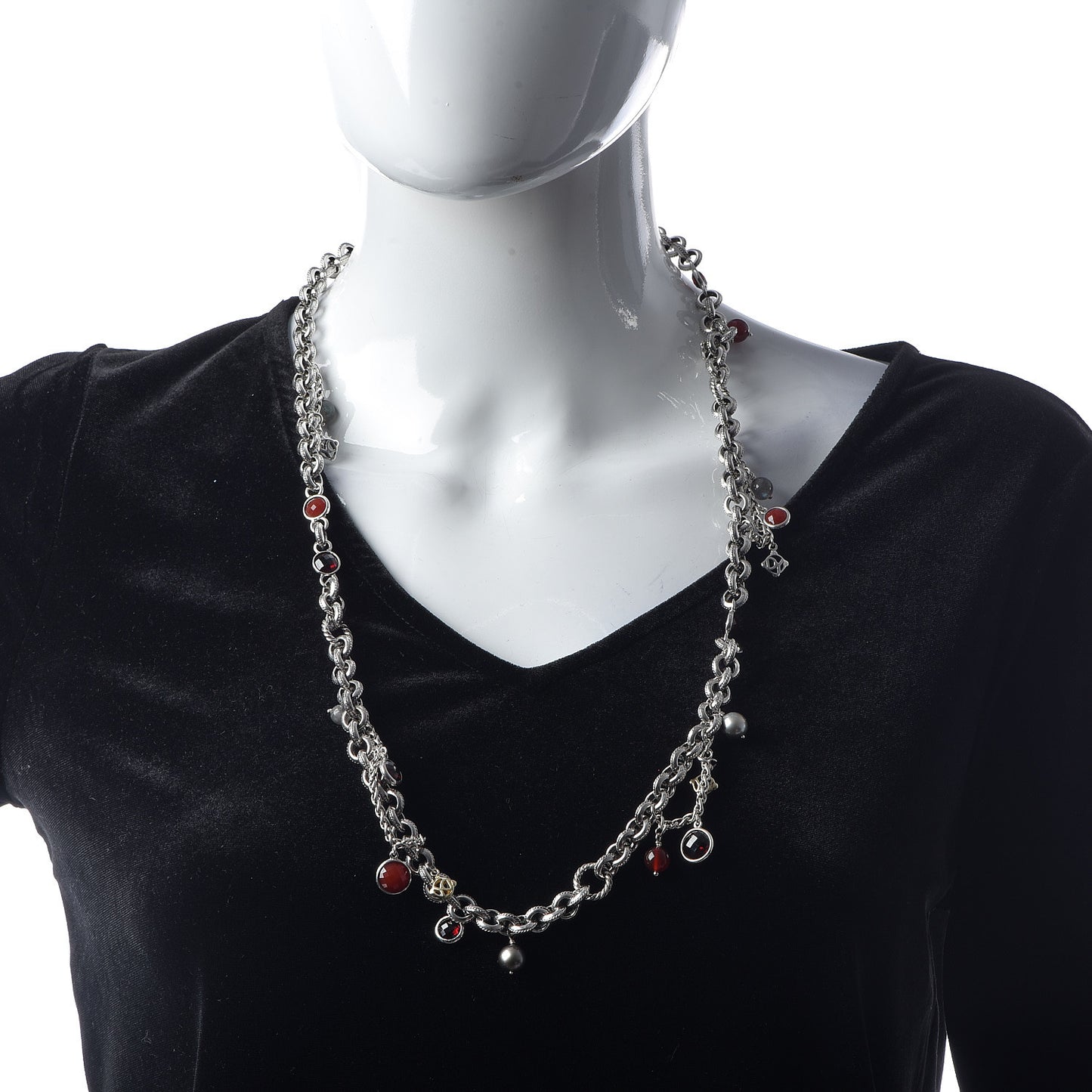 Sterling Silver 18K Yellow Gold Garnet Carnelian Pearl Labradorite Moonstone Cable Charms Necklace