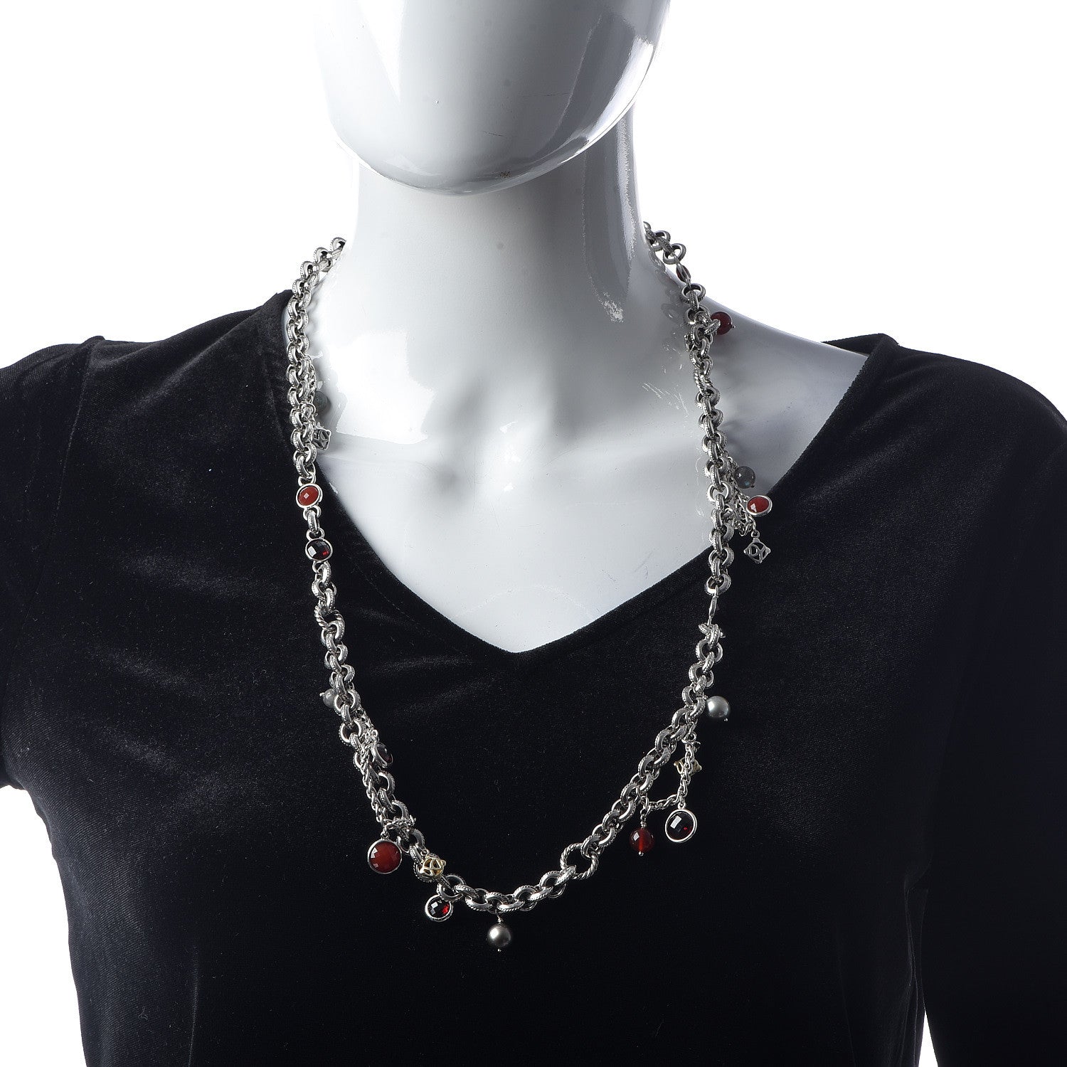 David Yurman Sterling Silver 18K Yellow Gold Garnet Carnelian Pearl Labradorite Moonstone Cable Charms Necklace 2 of 8