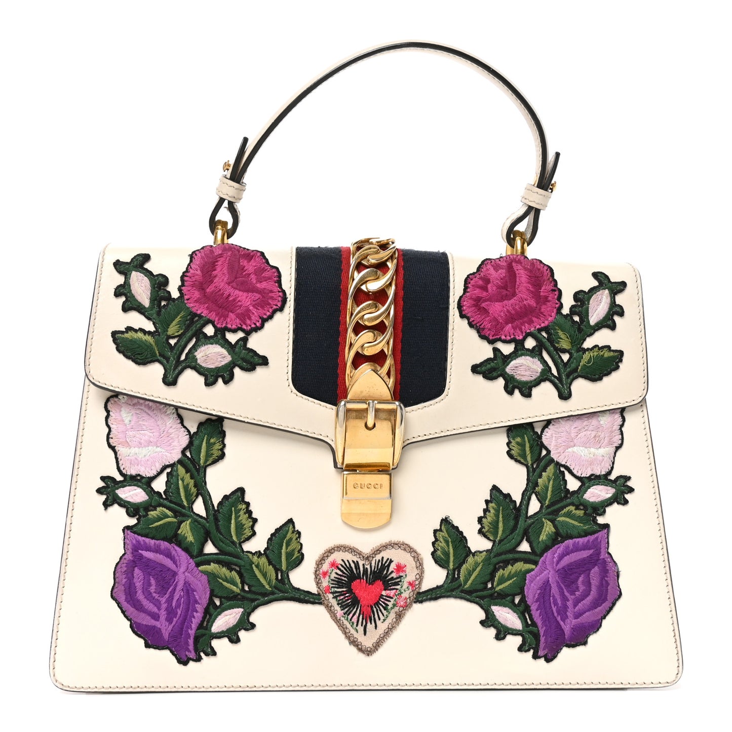 Calfskin Embroidered Medium Sylvie Top Handle Bag White