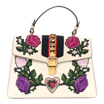 Gucci Calfskin Embroidered Medium Sylvie Top Handle Bag White 1 of 10