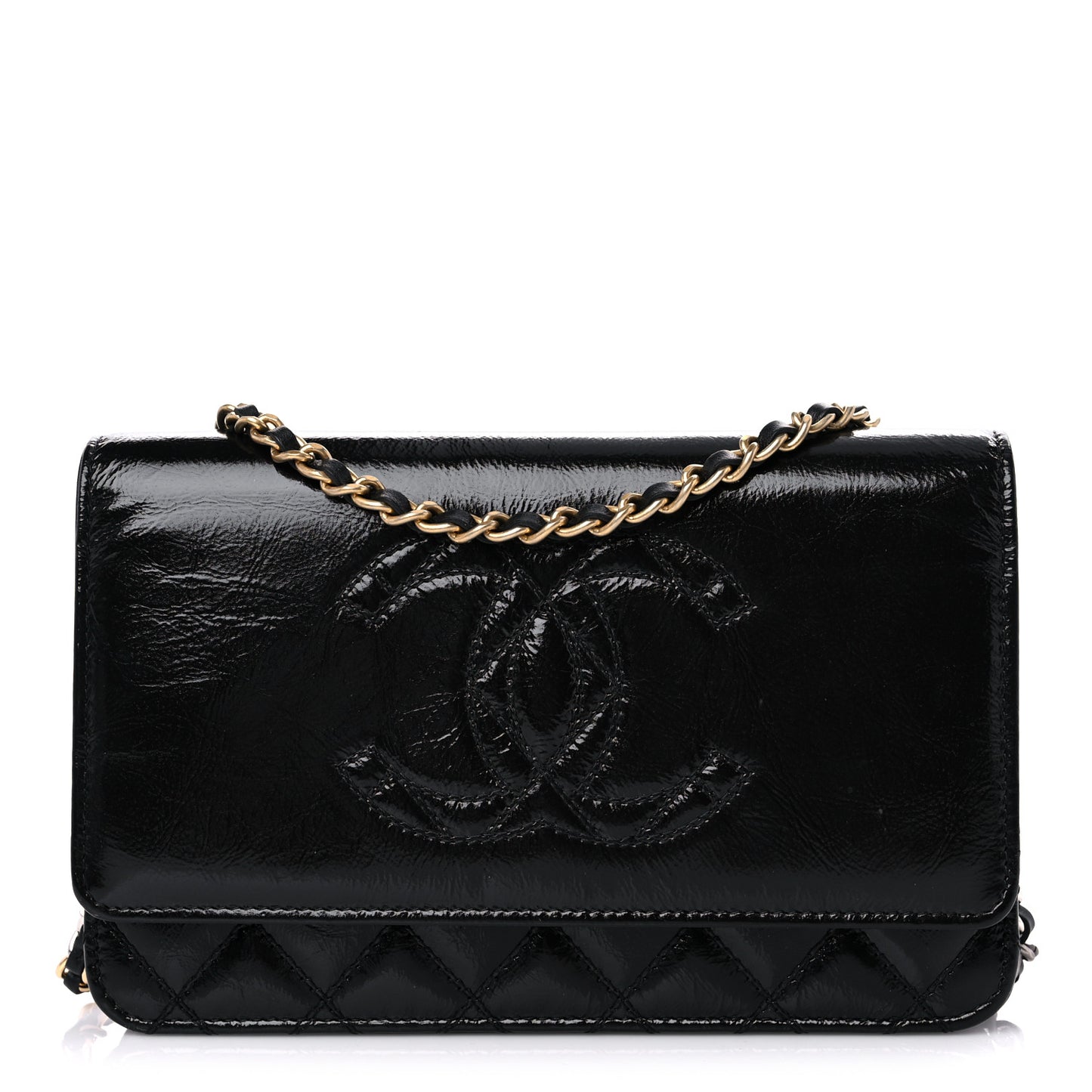 Shiny Aged Calfskin Quilted CC Wallet On Chain WOC Black