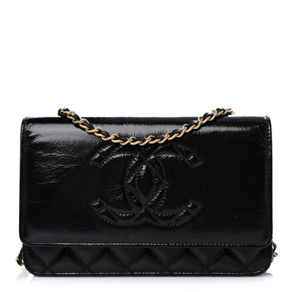 Chanel Shiny Aged Calfskin Quilted CC Wallet On Chain WOC Black 1 of 12
