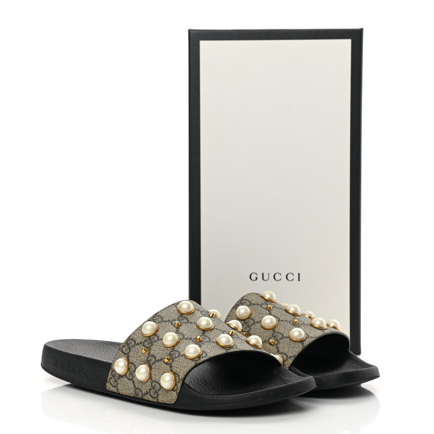 GG Supreme Monogram Pearls Slide Sandals 41 Beige