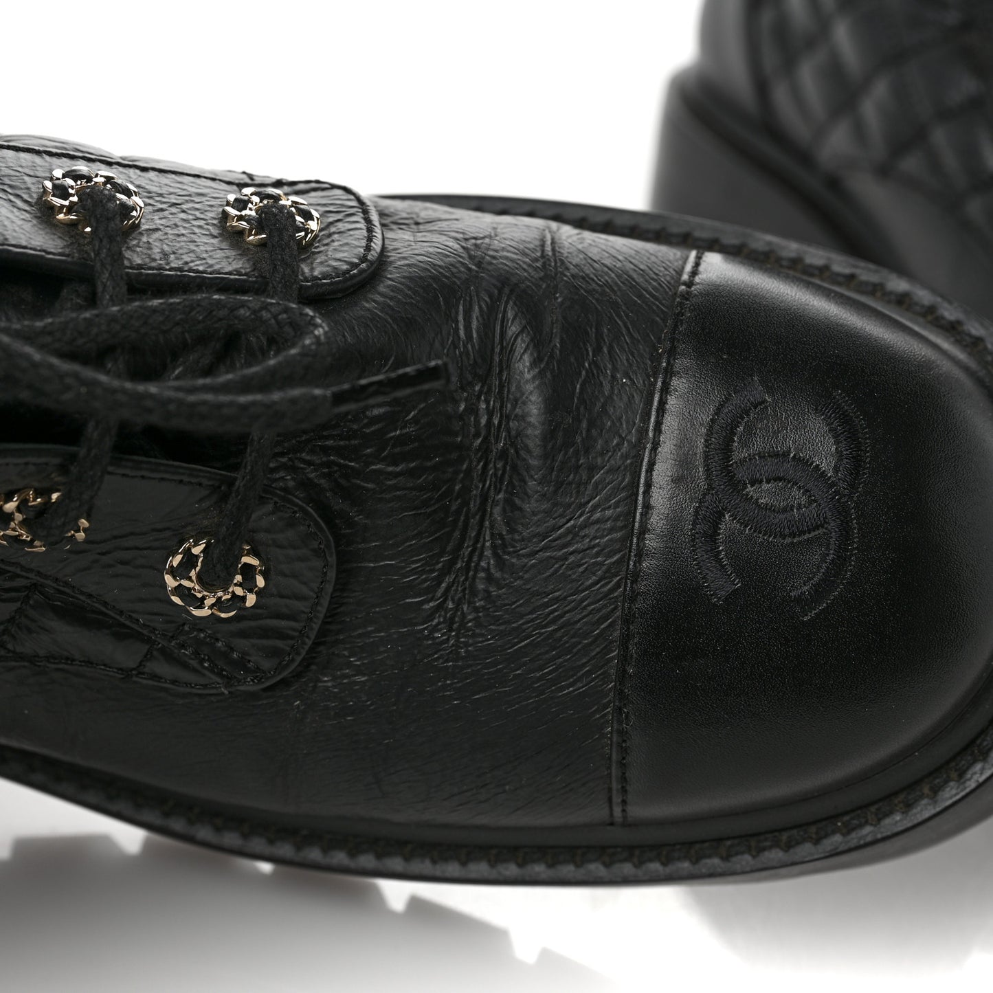 Shiny Calfskin Quilted Lace Up Combat Boots 41.5 Black