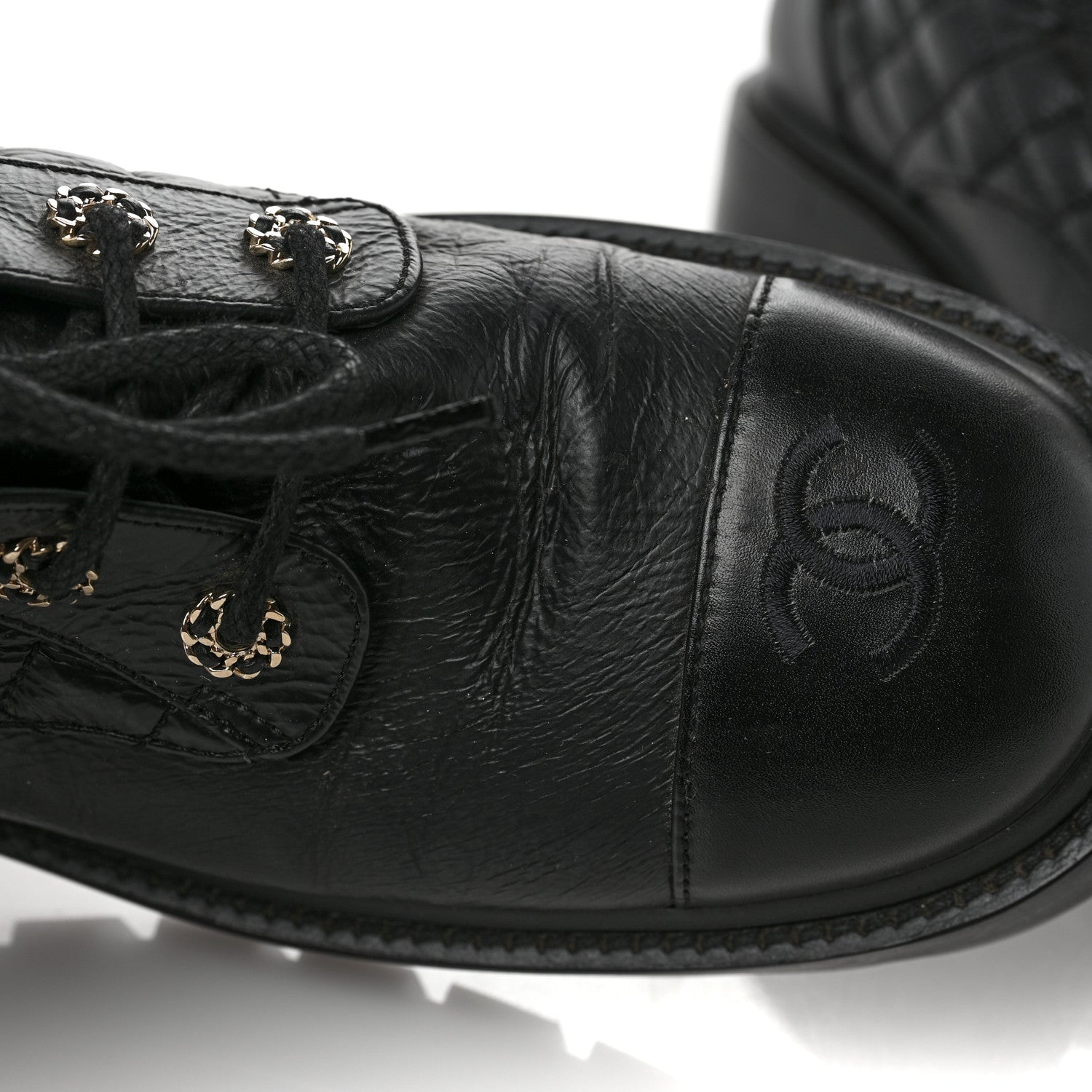 Chanel Shiny Calfskin Quilted Lace Up Combat Boots 41.5 Black 5 of 9