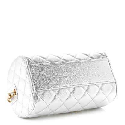 Chanel Metallic Caviar Quilted Barrel Clutch With Chain Silver 4 of 10