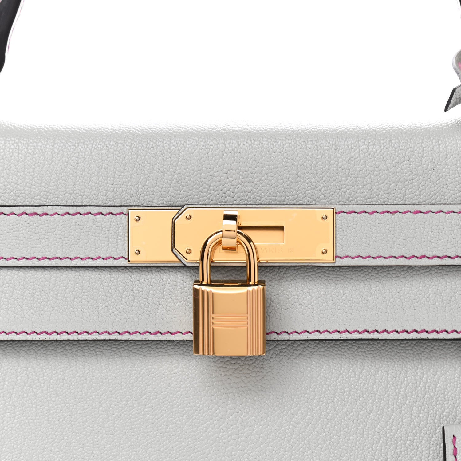 Hermes Chevre Mangalore Horseshoe Kelly Sellier 28 Gris Perle Rose Pourpre 8 of 11
