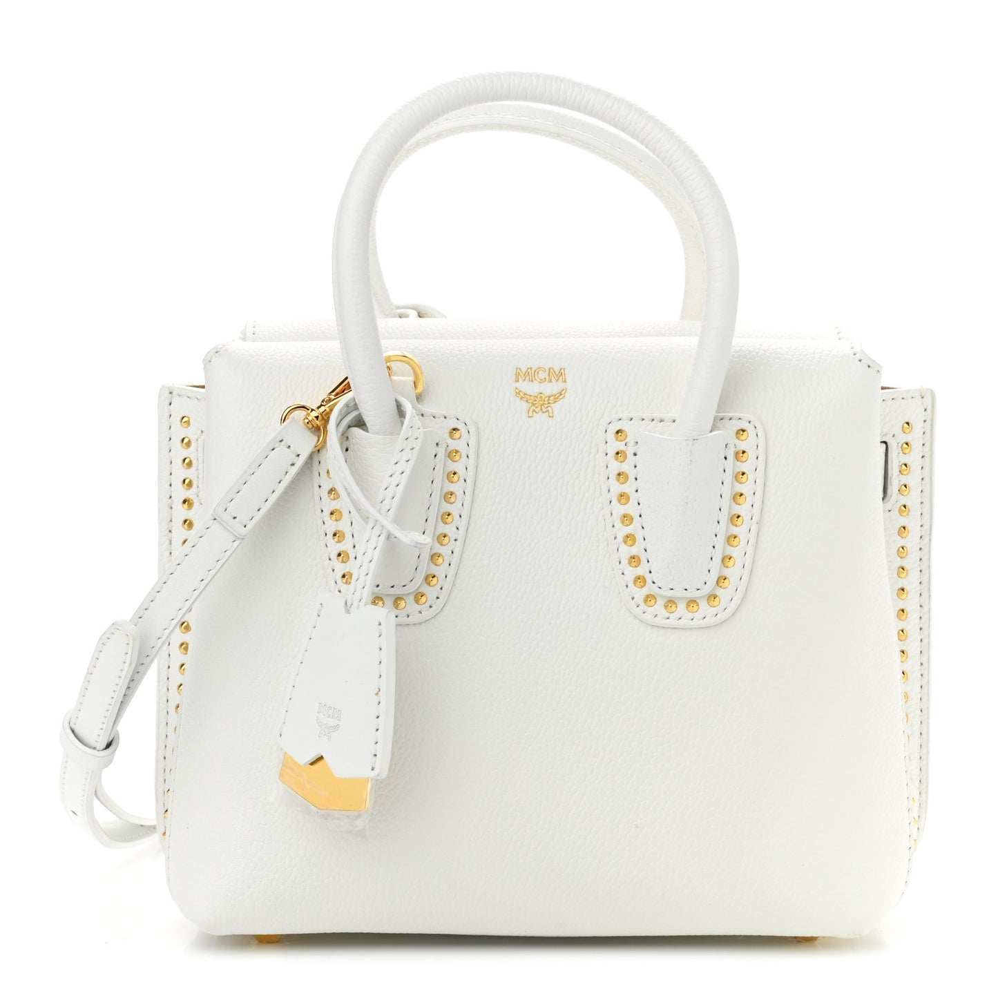 Grained Calfskin Studded Mini Milla Tote White