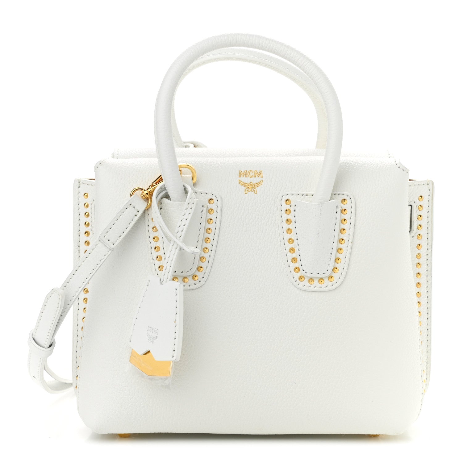 MCM Grained Calfskin Studded Mini Milla Tote White 1 of 12