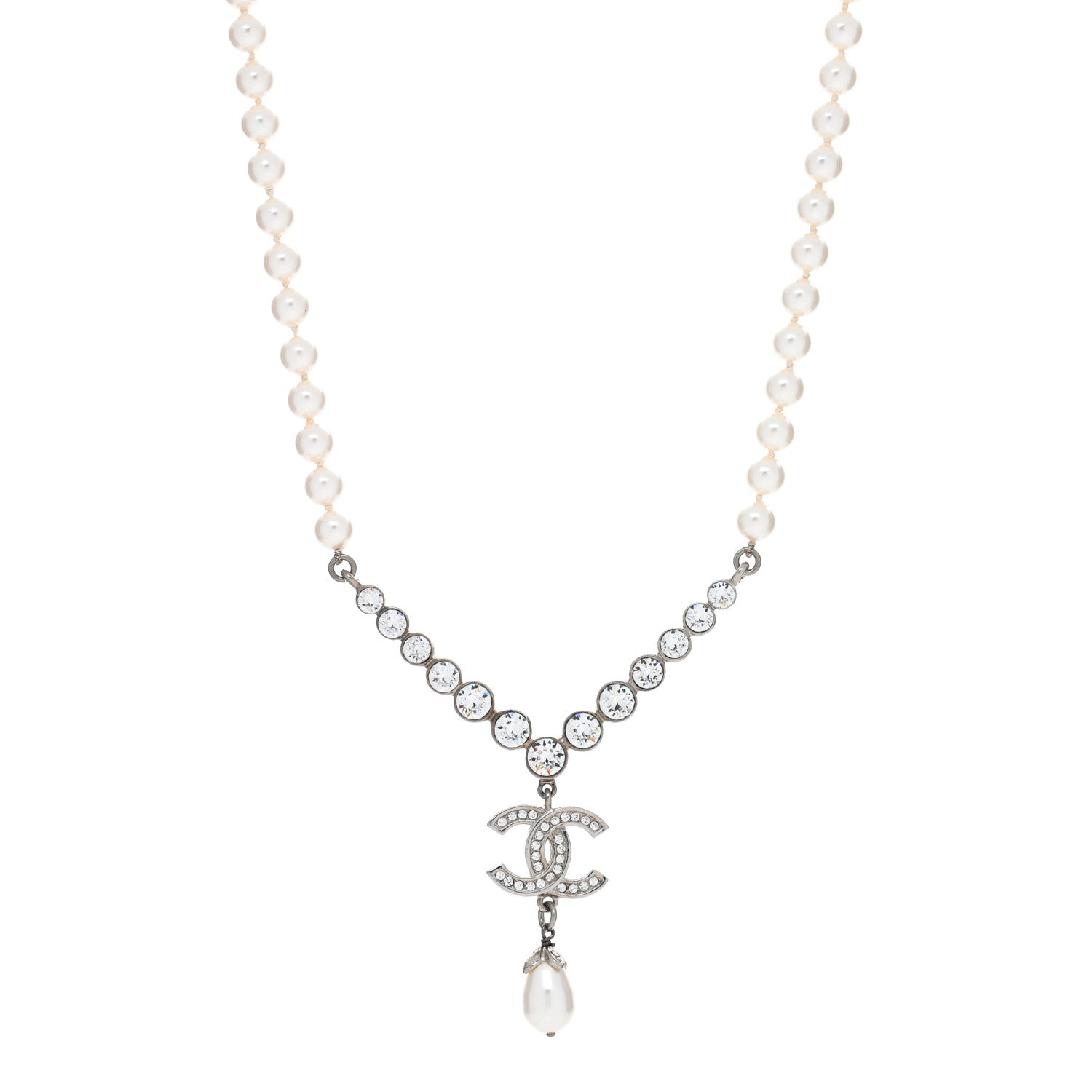 Chanel Pearl Crystal CC Short Necklace Silver 1 of 4