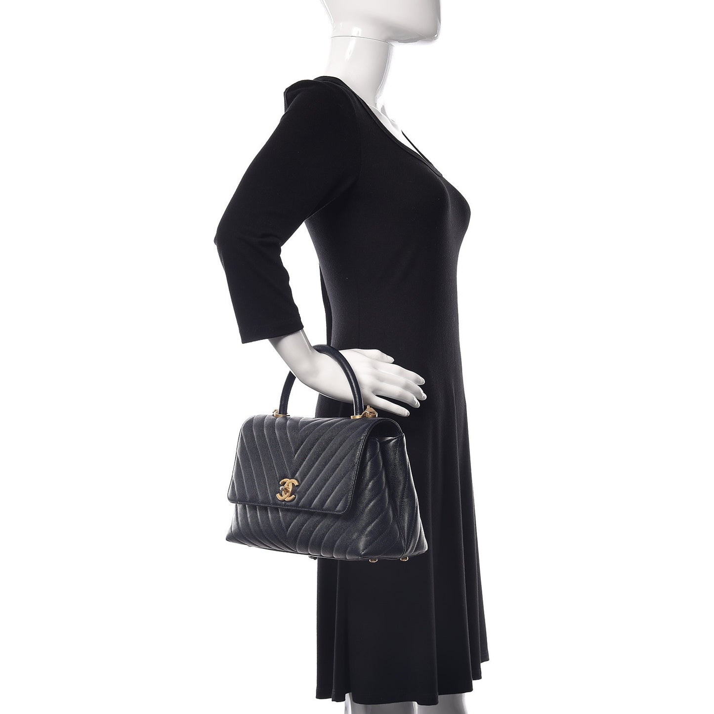 Caviar Chevron Quilted Small Coco Handle Flap Navy