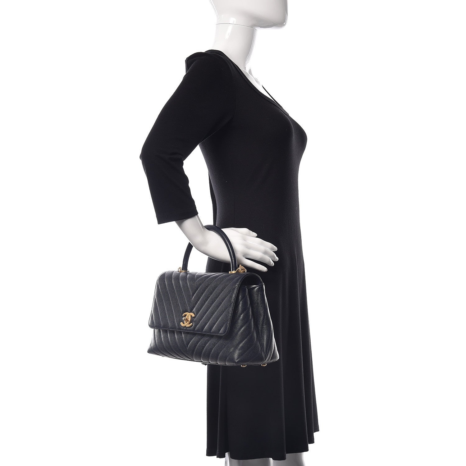 Chanel Caviar Chevron Quilted Small Coco Handle Flap Navy 3 of 12