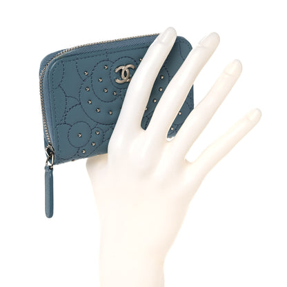 Chanel Lambskin Camellia Embossed Studded Zip Coin Purse Blue 2 of 10