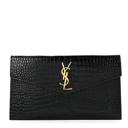 Saint Laurent Calfskin Crocodile Embossed Uptown Monogram Pouch Black 1 of 6