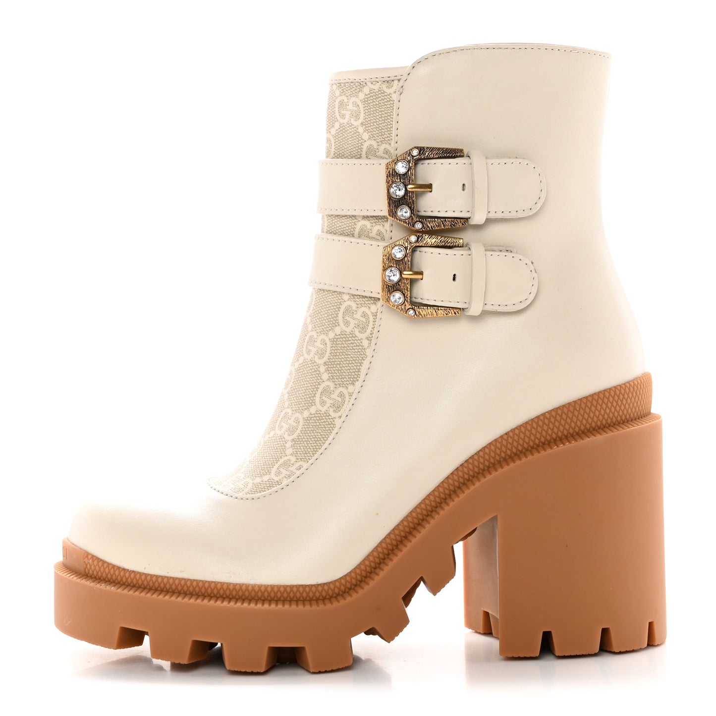 Kensington Calfskin Nappa GG Supreme Monogram Womens Double Buckle Ankle Boots 36.5 Mystic White Beige