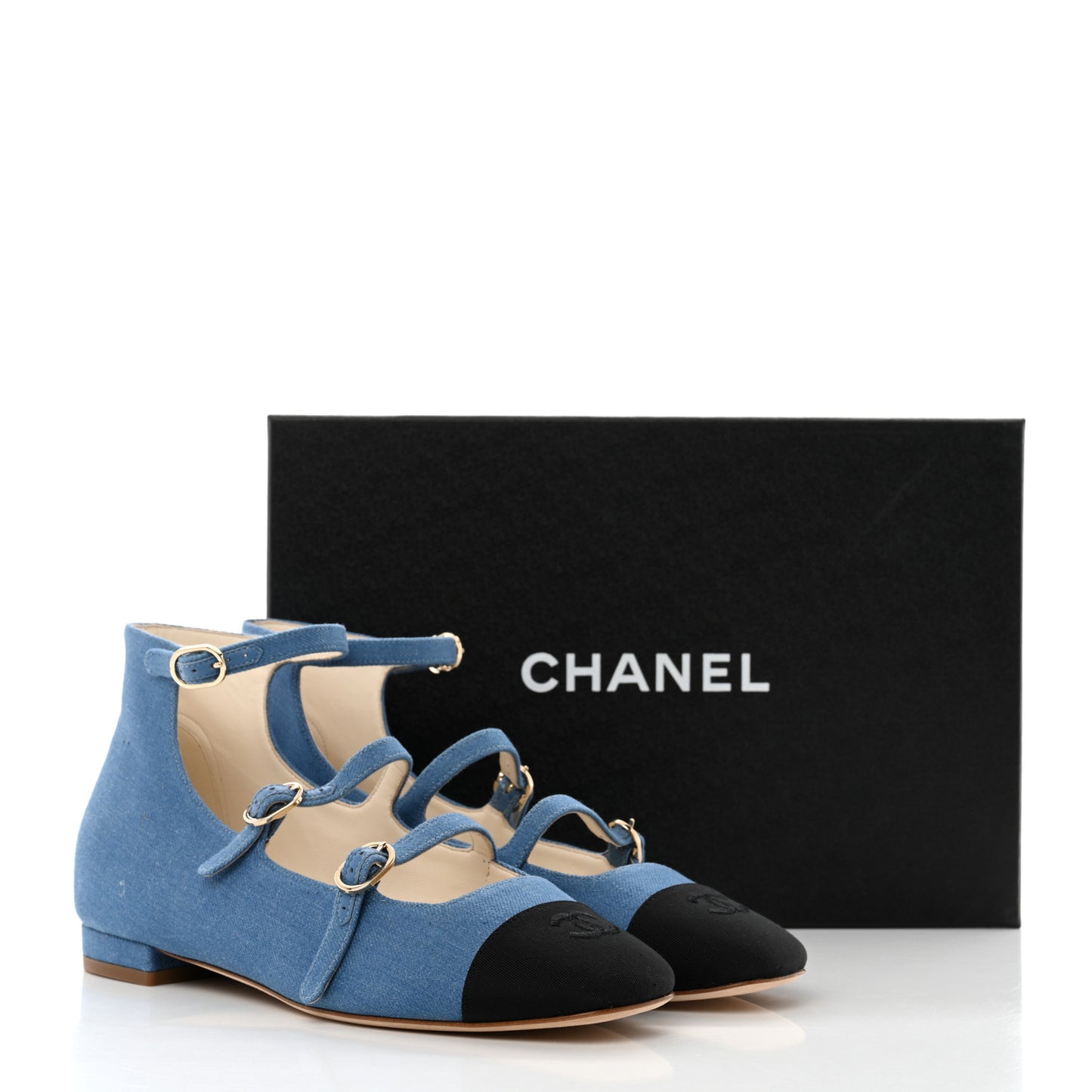 Denim Grosgrain Cap Toe Mary Jane Flats 37.5 Blue