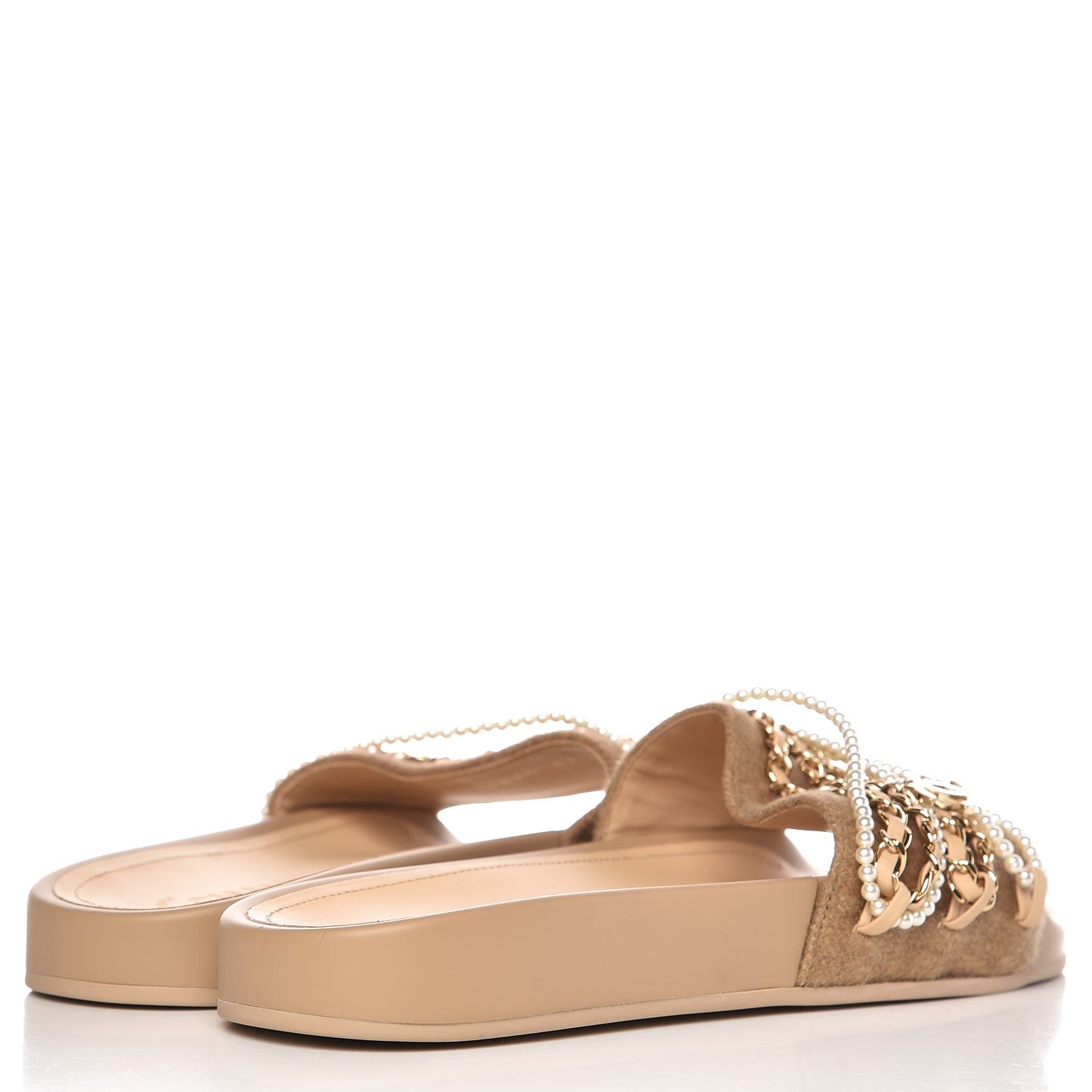 Chanel Felt Pearl Lambskin Chain Flat Sandals 37 Beige 4 of 9