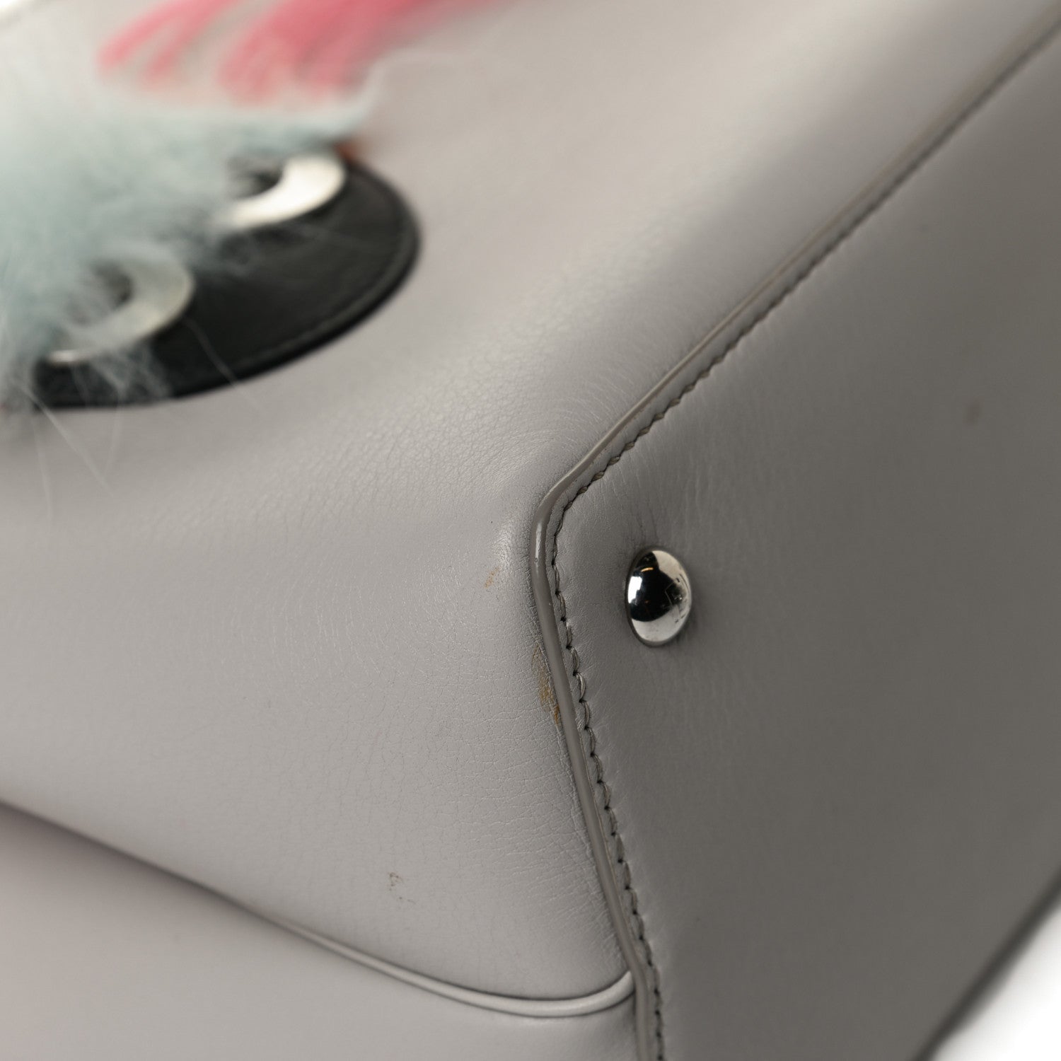 Fendi Vitello Dolce Fox Goat Bi-Color Sad Eyes Mirror Charm Petite 2Jours Tote Grigio Polvere Black 12 of 14